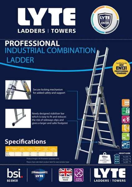 Lyte LCL EN131-2 Professional Aluminium Combination Ladder 6 9 or 12 R ...